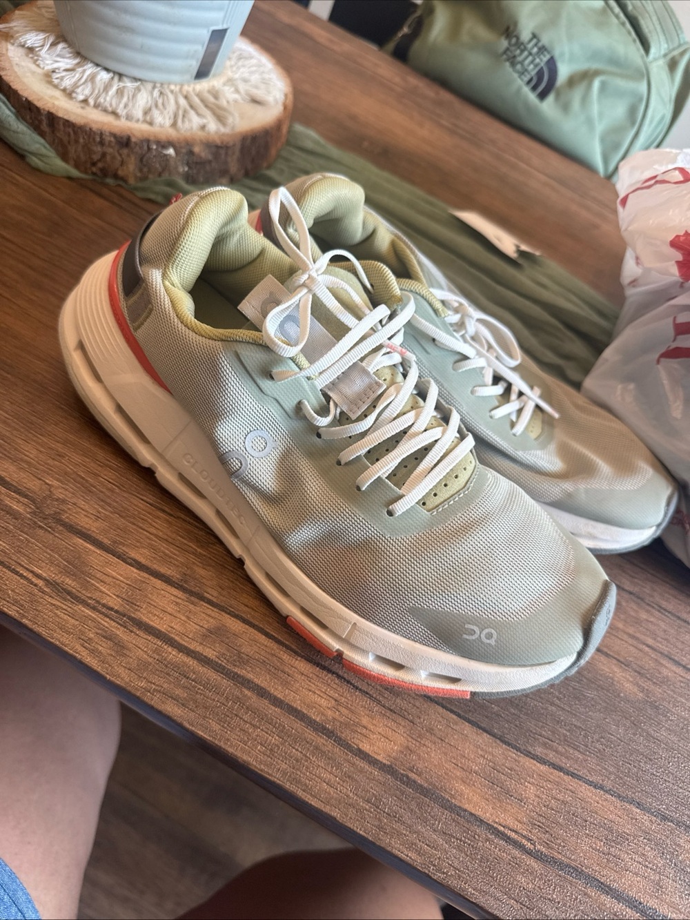 On Running Women's Light Sage Green and Coral Cloud Sneakers